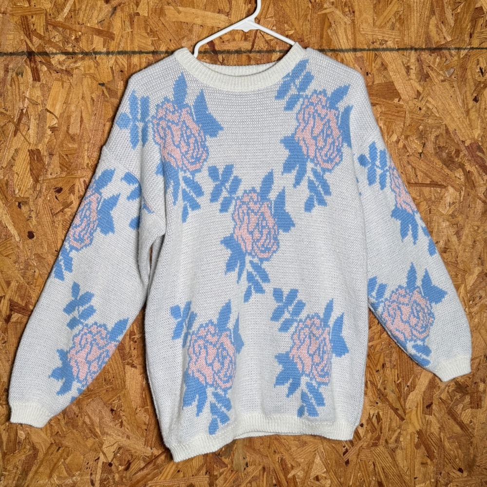 VTG Bramble Lane Retro Floral Sweater Chunky Knit‎ Pullover Pastel/Metallic M
